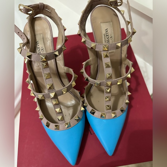 VALENTINO Rockstud Accents Leather Gold Stud T-strap Bright Blue Pump Heel 37 - Picture 13 of 15